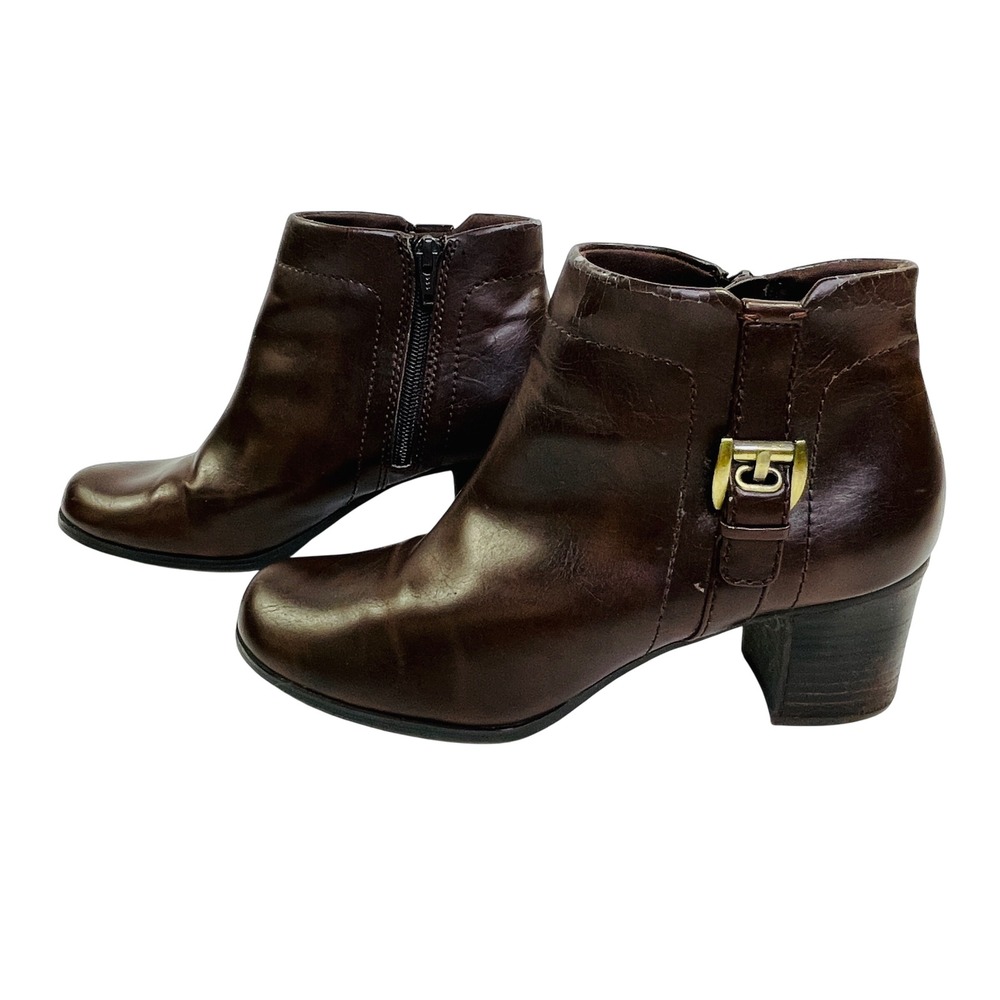 Covington Womens Brown Ankle Boots Side Zip Buckle Block Heel Size 7.5